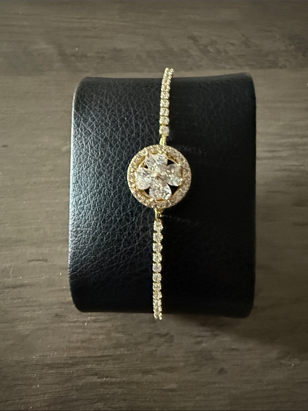 Gold Plated Crystal Tennis Adjustable SpinBracelet Clover Medallion Stainless